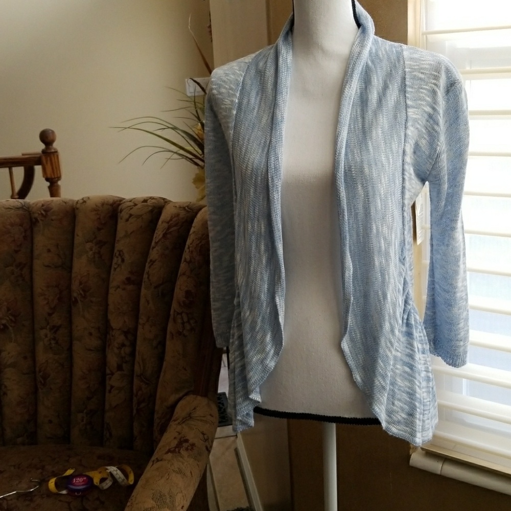 Blue and white open front cardigan